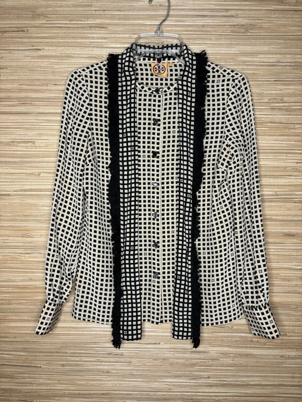 Tory Burch Silk Scarf Checkered Grid Fringe Blouse Sz 2